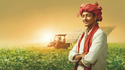 progressive Indian farmer in a white kurta and red turban standing confidently with arms crossed in a lush green field and solar panels in the background