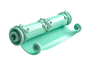 A glossy turquoise scroll, partially unrolled, with ornate embellishments