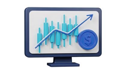 3D Candlestick Chart with Upward Trend and Dollar Coin