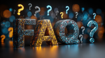 Colorful 3D FAQ letters with glowing question marks for customer support and help concept