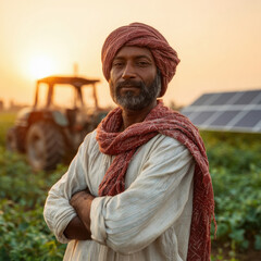 progressive Indian farmer in a white kurta and red turban standing confidently with arms crossed in a lush green field and solar panels in the background