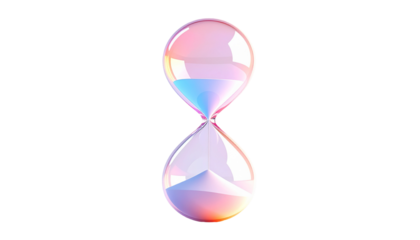 Pastel-colored hourglass, glowing, with sand flowing against black background