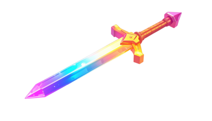 Fantasy sword, vibrant colors, resting against a black background
