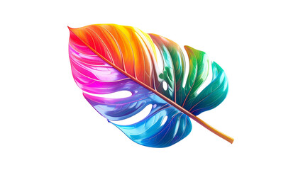 Vibrant, stylized monstera leaf, rainbow gradient, isolated on black background
