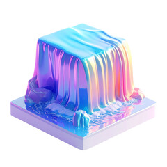 Cube-shaped waterfall cascades over rocks, iridescent hues