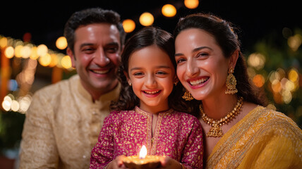 Indian family dressed in traditional festive attire holding lit Diwali lamps celebrating together with glowing lights and a joyful festival background