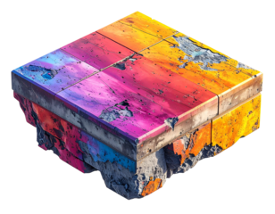 Isometric view of a colorful platform with chipped edges and abstract paint