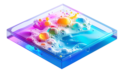 Colorful liquid in a transparent cube, bubbly, layered, and reflecting