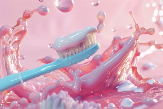 Toothbrush with toothpaste creating large splashes in a vibrant pink abstract liquid - Powered by Adobe
