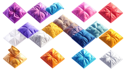 Assorted plush, diamond-quilted cushions, arranged in a zigzag pattern