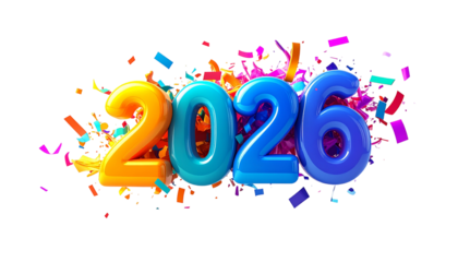 Colorful 3D "2026" text amidst confetti, on a black background