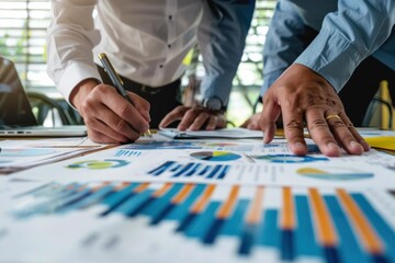 Business team collaborating on strategy, analyzing financial reports and planning project tasks