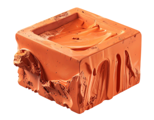 A textured orange cube with inner basin and flowing, eroded sides