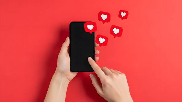 Hand tapping smartphone screen receiving heart notifications on red background | Social media marketing engagement concept with 3D love icons | Digital feedback and online popularity visualization  - Powered by Adobe