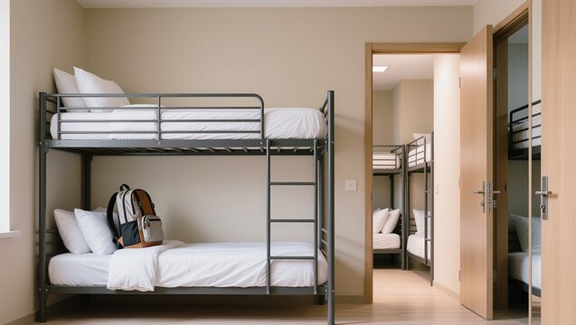 Bright hostel room with metal bunk beds, white bedding and backpack on lower bed. Simple interior illustrating budget accommodation, shared living space and travel lodging