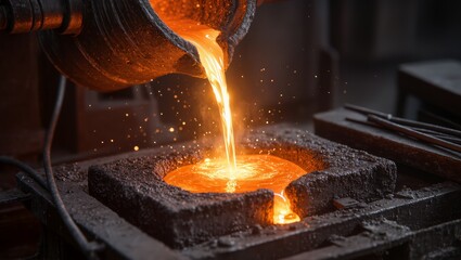 Molten metal pouring from crucible into mold inside foundry workshop. Industrial metallurgy process with extreme heat, liquid metal flow and heavy manufacturing environment