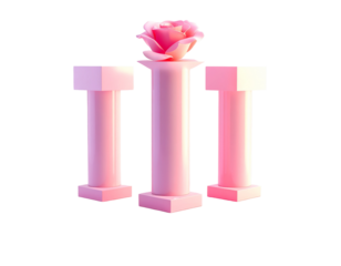 Three pink pillars support a rose in a minimalist digital rendering
