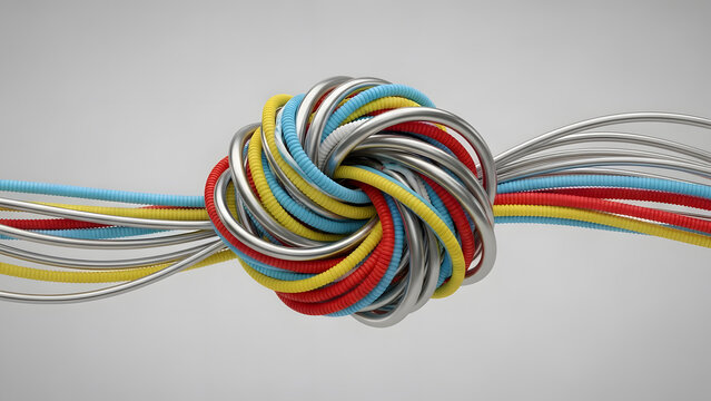 Complex tangled knot of colorful electrical wires and metallic tubes | 3D rendering of networking infrastructure complexity and entanglement | Abstract visual of data transfer cables