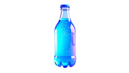 A glowing, stylized glass bottle with bubbly blue liquid, isolated on black