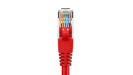 Close-up shot of red RJ45 Ethernet connector plug | High-speed LAN networking cable end on white background | Detailed view of category 6 patch cord termination