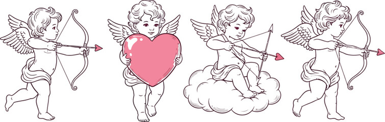 Naklejka premium Valentine's day cupid boy aiming bow arrow love shot romance feeling emotion winged figure mythological character drawing