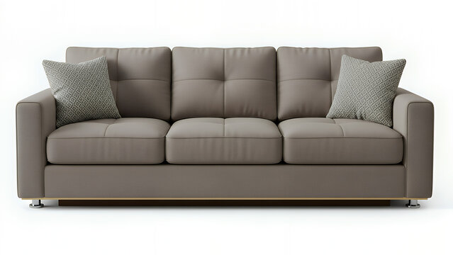 Taupe three seat sofa with patterned throw pillows on white background couch furniture