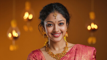Indian woman in ornate gold jewelry and pink silk saree holding a lit diya for Diwali celebration