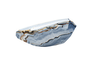 Sliced, layered mineral with grey, brown, and white bands, on black