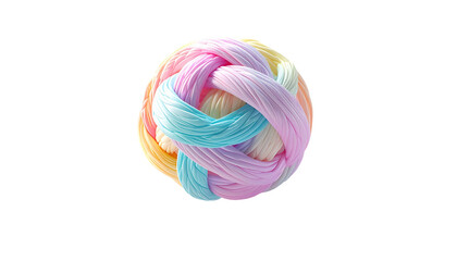 Multicolored yarn ball, intricately woven, against a stark black backdrop