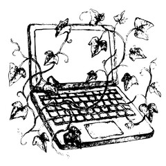 Hand-drawn watercolor illustration of a laptop with keyboard keys intertwined with lush climbing ivy plants, blending technology and nature.
