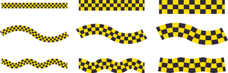 Yellow black checkered racing stripe set with straight and wavy flag patterns. High contrast checkerboard bands suggest speed, motion, and motorsport energy. Ideal for racing graphics, caution designs