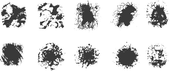 Grunge ink blot texture set with rough splatter stains and cracked edges. Black abstract paint marks isolated on white create a distressed organic look. Ideal for grunge design, overlays, posters, 