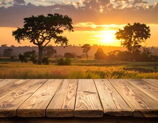 Golden sunset over open savanna with a wooden foreground
