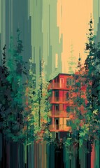 Abstract Art of House Surrounded by Trees in Colorful Landscape