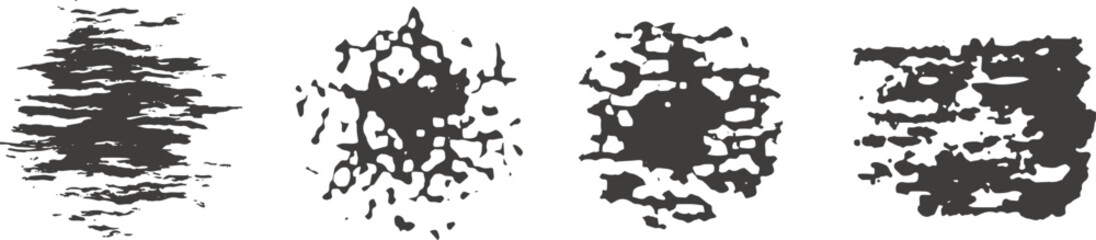 Grunge ink blot texture set with rough splatter stains and cracked edges. Black abstract paint marks isolated on white create a distressed organic look. Ideal for grunge design, overlays, posters, 