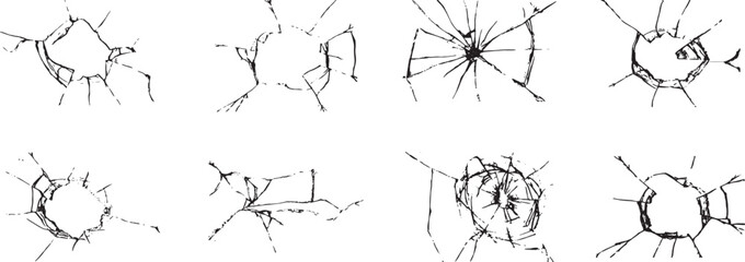 Broken glass crack impact set with shattered bullet hole damage textures. Radial fracture lines and spiderweb breaks isolated on white background. Ideal for crime scenes, destruction effects, overlays