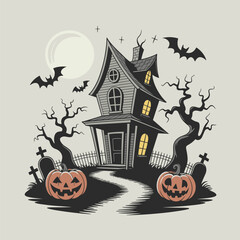 Haunted Halloween Night with Pumpkins and Graveyard