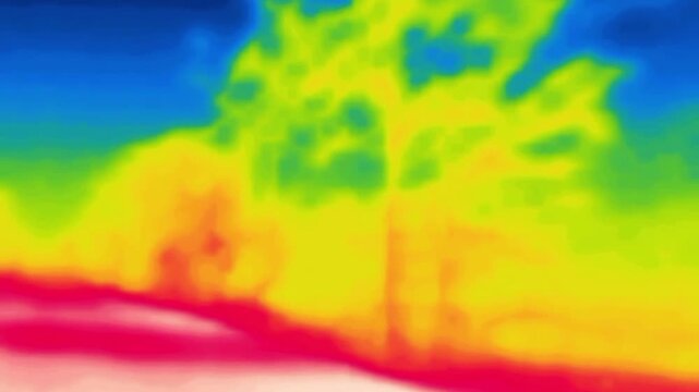 Driving through the streets of the city. Shooting from a car, taxi. Image from thermal imager device.