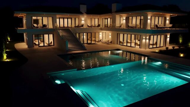 night view of the mansion house and pool