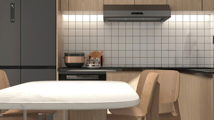 Luxury, modern dining room with white table, black top and brown wooden kitchen counter, square tile splash back for elegant, minimal interior design decoration, cooking, food, kitchenware product bac