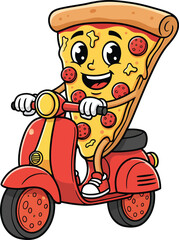 Happy Pizza Slice Mascot Riding Scooter For Fast Food Delivery Branding And Playful Advertising