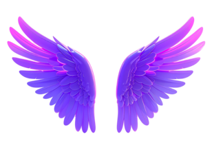 Rendered, stylized wings in violet and pink hues, against black