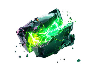 Fractured gem emitting vibrant, luminous green energy on a black backdrop
