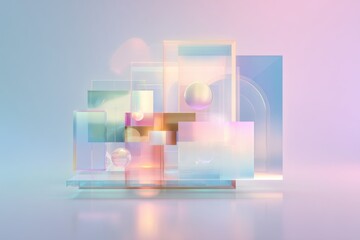 Abstrakte 3D-Komposition aus transparenten Glasformen in sanften Pastellfarben
