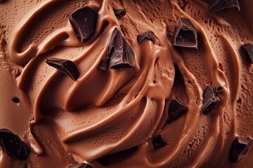 Creamy chocolate ice cream with dark chocolate chunks macro texture closeup.