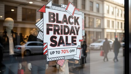 Vibrant Black Friday Sale advertisement in a bustling city storefront window reflecting urban