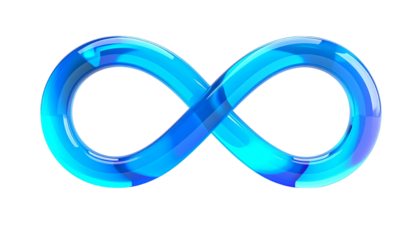 Blue glass infinity symbol, reflections, on black background