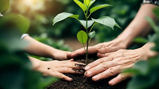 Woman and kid hands planting seedling in soil. Arbor Day  gardening concept
