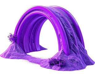 Abstract purple archway, flanked by rocky mounds with sparse foliage