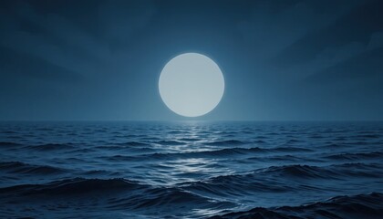Moonlit ocean waves under dark blue night sky with full moon